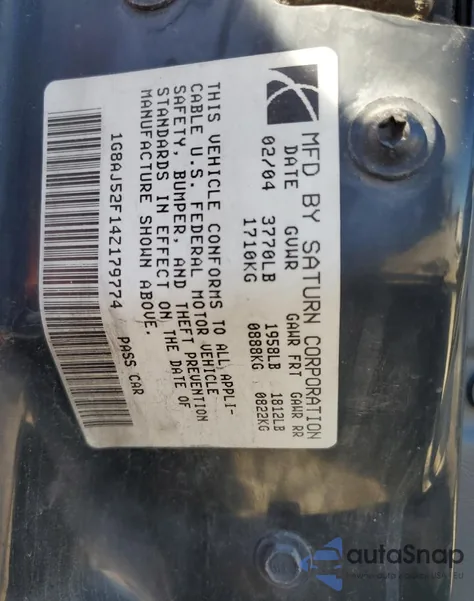 2004 Saturn Ion Level 2 из США, поврежденный, VIN 1G8AJ52F14Z179774